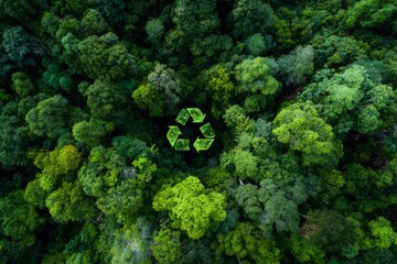 Aerial View of Lush Green Forest with Symbol of Recycling Highlighted in the Canopy for Sustainability Awareness and Environmental Conservation Efforts
