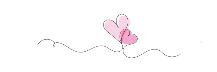Two Hearts Continuous One Line Drawing. Valentines day concept. Hearts Couple Trendy Minimalist Illustration. Love Minimalist Contour vector hand draw sketch, 2 love shape, one line, isolated on white