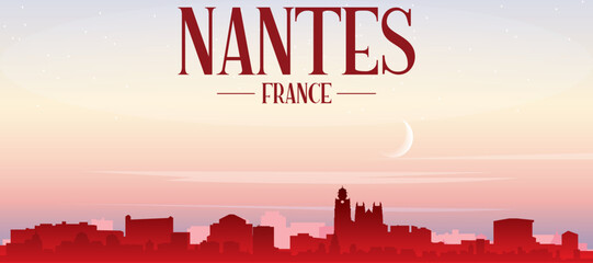 Fototapeta premium Red panoramic poster of the city skyline with misty background buildings, sunrise, moon and clouds of NANTES, FRANCE