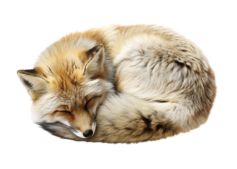 A sleeping fox curled up on a white background isolated on white background
