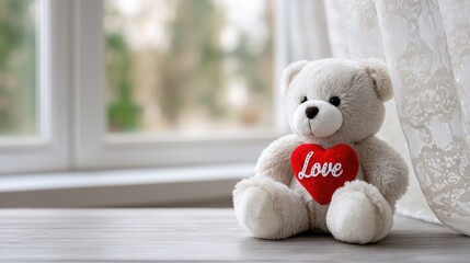 Soft teddy bear holding a red heart labeled Love against a white curtain background for a perfect Valentine's Day greeting or card design