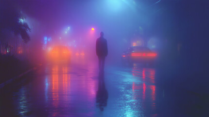 Man walks alone at night. Street is wet and full of fog.