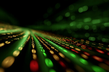 An immersive visual experience illustrating flowing binary code in green and gold hues, representing the heartbeat of digital technology and the information age.