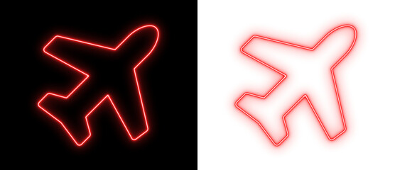 Red neon airplane icon glowing on black and transparent backgrounds, bright travel and aviation outline symbol for navigation and UI design