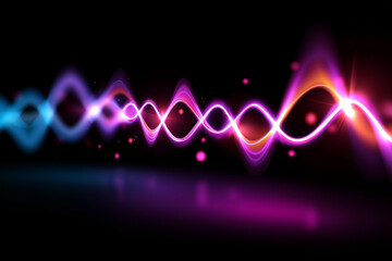 Dynamic and colorful waveforms flow seamlessly in a neon light display, representing sound waves, energy, and the beauty of digital design in a captivating visual experience.