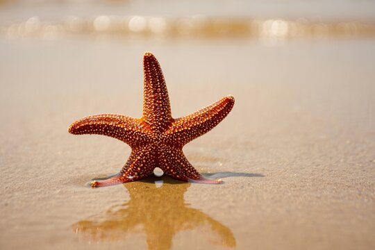 Single five-armed starfish standing on wet sandy beach with soft tide reflection