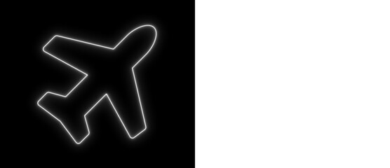 White neon airplane icon glowing on black and transparent backgrounds, bright travel and aviation outline symbol for navigation and UI design