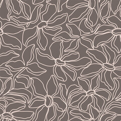 Seamless pattern linear floral design. Abstract, large, light-colored outlines of flowers and leaves on beige background. Modern, fashionable print for fabric, textiles, clothing, and home decor.