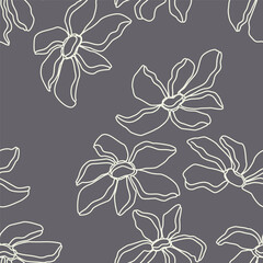 Seamless pattern linear floral design. Abstract, hand-drawn, large, light-colored outlines of flowers on grey background. Modern, fashionable print for fabric, textiles, clothing, and home decor