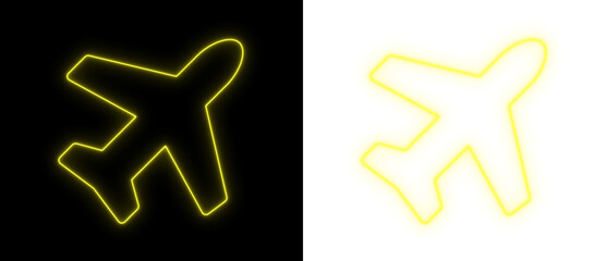 Yellow neon airplane icon glowing on black and transparent backgrounds, bright travel and aviation outline symbol for navigation and UI design