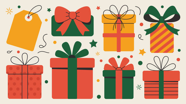 Vibrant Christmas gifts and presents in red green and gold