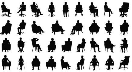 Diverse Silhouettes of People Sitting in Various Poses and Chairs office chair