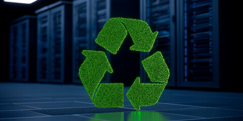 Green grass-textured recycle symbol floating in a dark modern data center, representing sustainable technology and eco-friendly computing