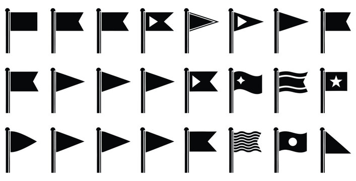 Collection of various black silhouette icons representing different shapes of nautical and signal flags on poles