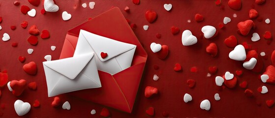Decorative red envelopes with blank cards surrounded by hearts and confetti on a dark red tabletop for a festive Valentine's Day scene