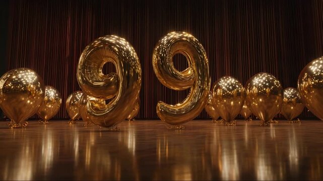 Golden balloon numbers 9 in festive setting with shimmering background  