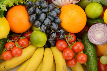 Natural Fresh Harvest Display Featuring Multicolored Fruits and Vegetables in High-Detail Macro Shot