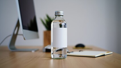 Clear glass water bottle with blank label on office desk by computer monitor