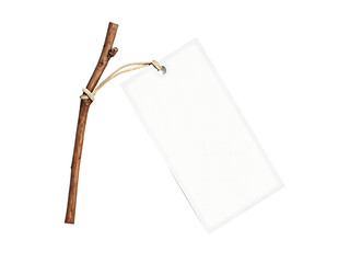 Blank white price tag hanging from a thin wooden branch isolated on white background