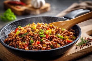 Juicy Minced Meat in Skillet With Onions and Bell Peppers in Casual Kitchen Setting