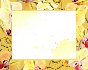 watercolor white frame with yellow and red orchid flowers, buds and twigs on deep yellow background, hand drawn tropical plant, floral sketch of blossom flowers, botanical illustration for decoration