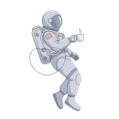 Astronaut floating in space with a steaming cup of coffee