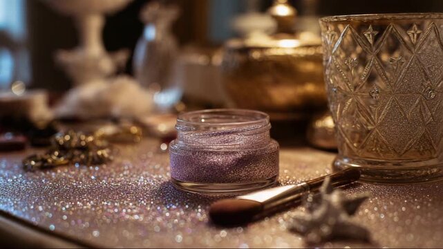 Glittering makeup products and accessories on vanity table  