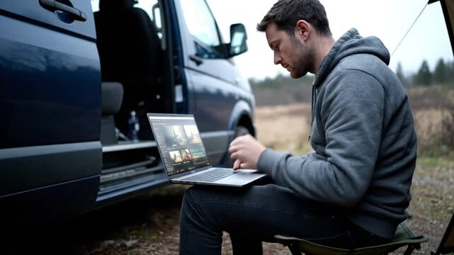 Man using laptop outside camper van, focused on remote work, digital lifestyle