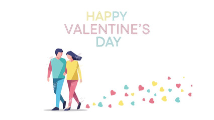 Happy valentine's day couple walking together with colorful hearts