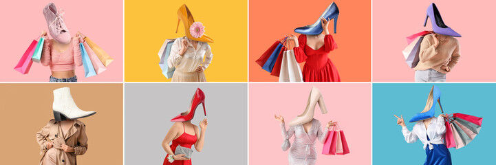 Collage of beautiful women with shoes instead of heads on color background