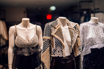 Luxury Fashion Display with Mannequins Wearing Elegant Designer Evening Wear