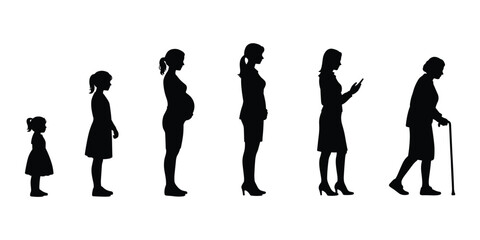 Silhouettes of women at different life stages from childhood to old age woman female