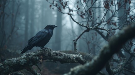 Obraz premium Raven Perched on a Gnarled Branch in a Dark and Mystical Foggy Forest Setting