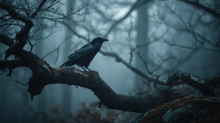 Obraz premium Raven Perched on Gnarled Branch in Foggy Dark Forest Creating Mystical Atmosphere for Nature Photography