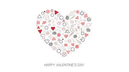 Valentine's day greeting card with heart shape made of various shapes and symbols on white background
