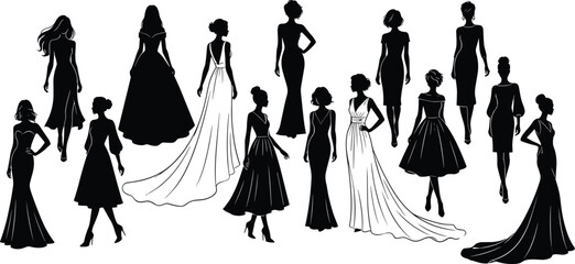 Elegant female fashion silhouettes in long dresses posing gracefully expressing beauty glamour confidence isolated on white background illustration