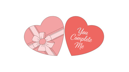 Two heart shaped illustrations, one a gift box with ribbon and the other with the phrase you complete me, on a white background