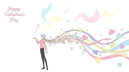 A man stands surrounded by colorful hearts and ribbons on valentine's day, pastel colors and joyful atmosphere