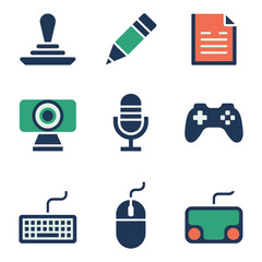 Computer peripheral and digital input device icon set with keyboard mouse camera microphone controller flat vector illustration collection