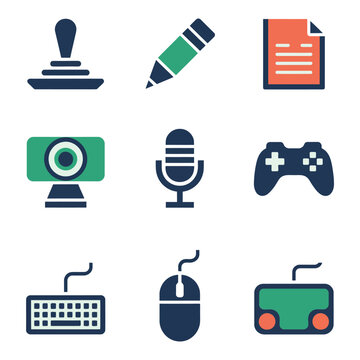 Computer peripheral and digital input device icon set with keyboard mouse camera microphone controller flat vector illustration collection