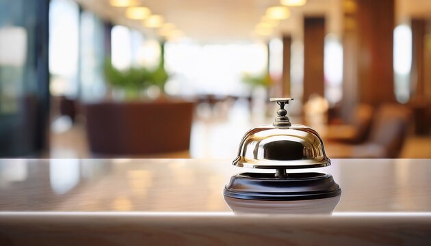 elegant reception bell on a polished surface with the blurred background showing a hotel lobby area a symbol of service waiting for the next guest
