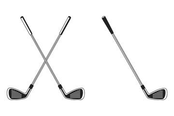 Two Golf Clubs Crossed and One Golf Club Standing Isolated on White Background Keywords: golf, club, sport, equipment, game