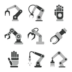 Industrial robotic arm and automation equipment icon collection with grippers joints hands factory robotics flat vector illustration