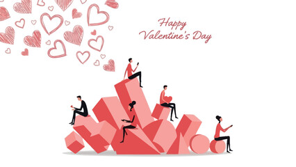 Group of people sitting on a pile of 3d hearts with happy valentine's day text on white background