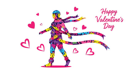 Vibrant multicolored illustration of a dancing couple surrounded by hearts with happy valentine's day text on a white background