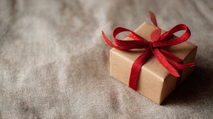Small Gift Package Tied with Red Ribbon on Rustic Brown Paper Background Perfect for Celebrations and Special Occasions