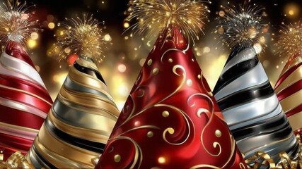 Colorful party hats with festive background and fireworks display  