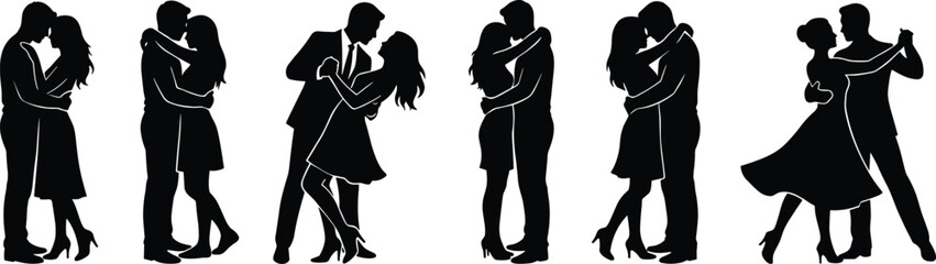 Romantic couple silhouettes dancing closely expressing love passion elegance intimacy relationship isolated on white background illustration