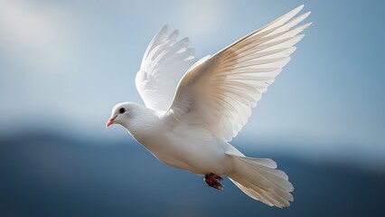 Obraz premium A close-up photograph captures a pure white dove in mid-flight against a soft, blurred background of blue and white.