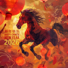 Chinese New Year 2026 poster, Fire Horse symbol, minimalistic design, red background, modern Chinese aesthetics. Lunar year.